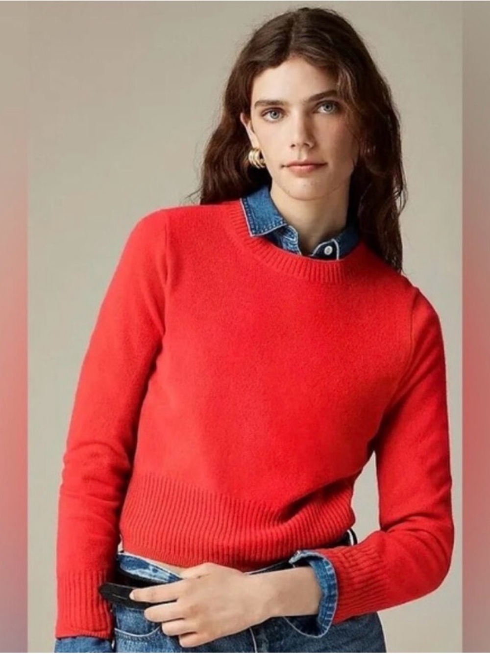 Cashmere J. Crew Cropped Crewneck Sweater in Bright Red